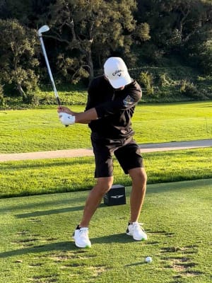 Adam Svensson swings during the 2024 Genesis Invitational pro-am.